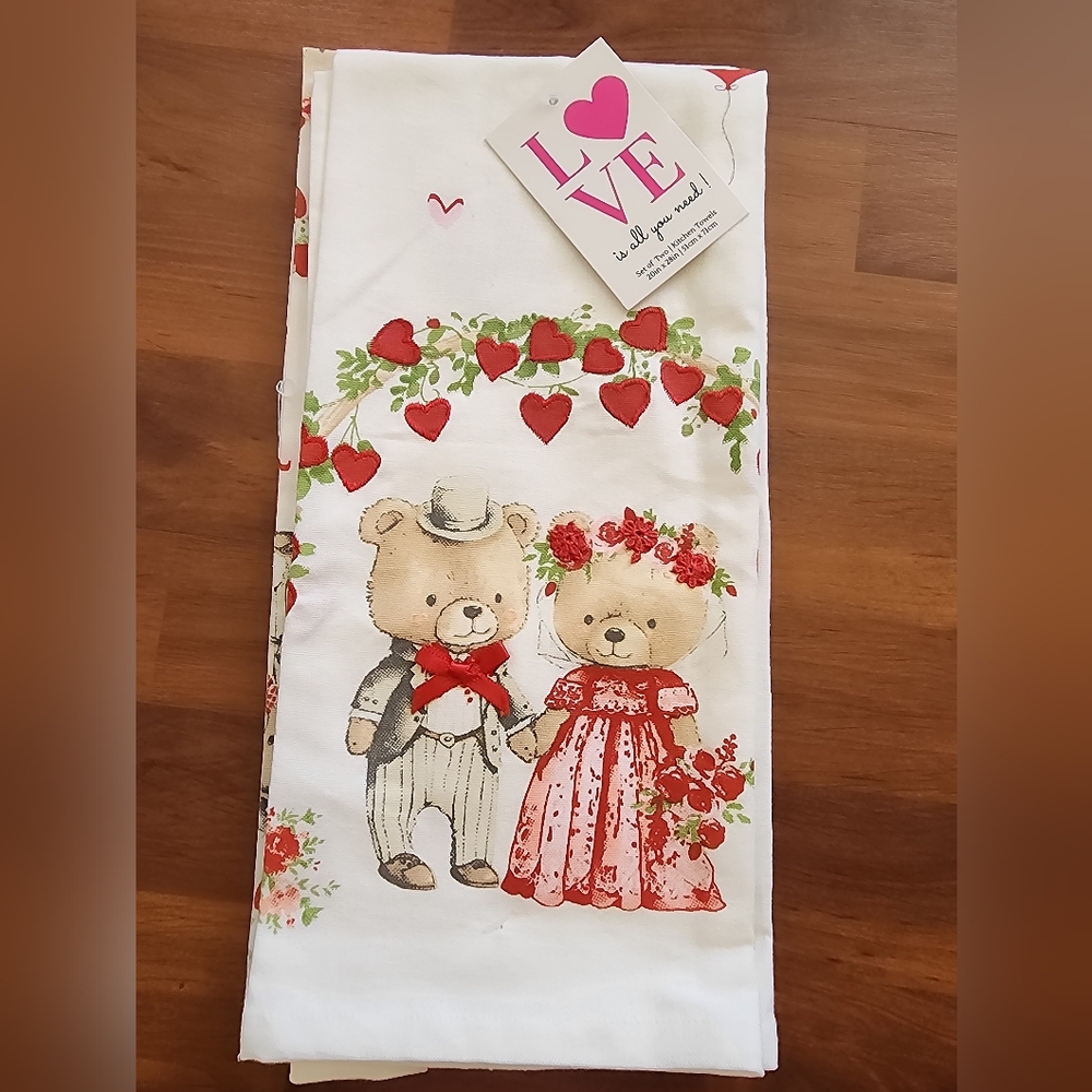 Love Bears Decorative Kitchen Towel - White with Red Accent